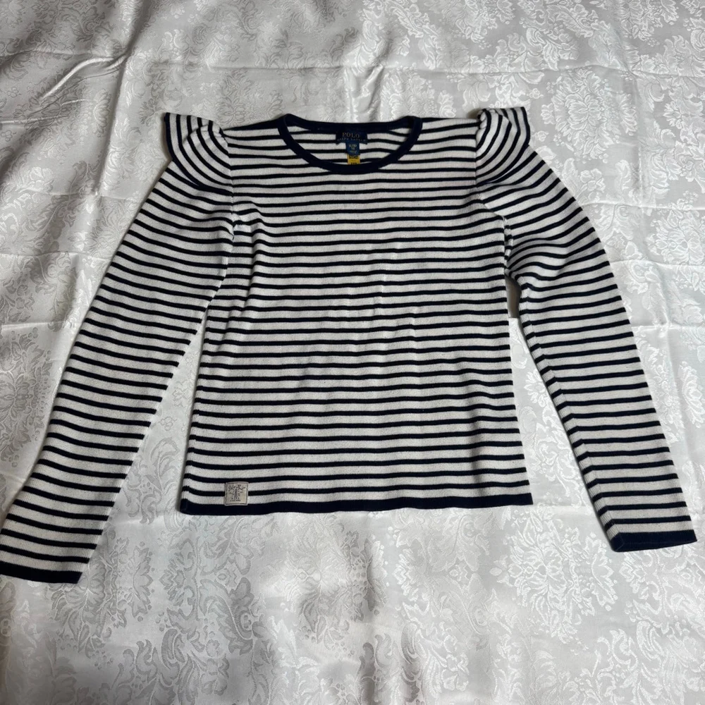 Girls Polo Ralph Lauren Sweater XL 16 White Navy Blue Striped Ruffle Shoulder